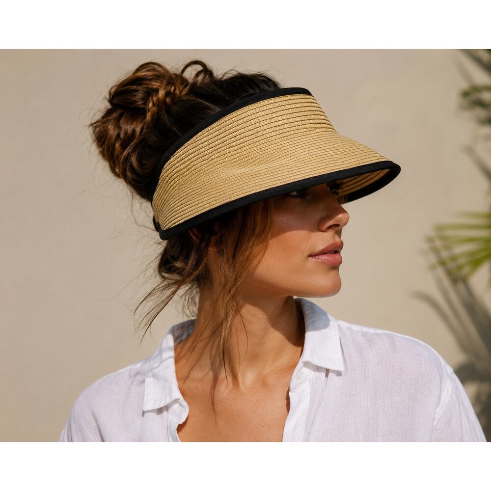J.Crew Packable Straw Visor Hat Roll-Up Sun Hat Natural Black Trim One Size